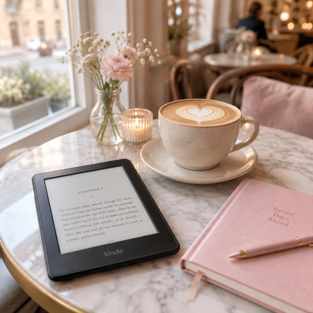 An e-reader and a latte on a café table