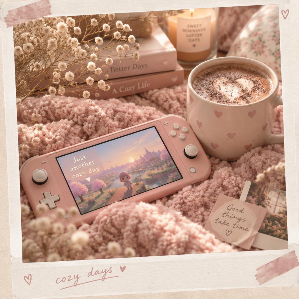 A pink handheld console and cocoa on a cozy blanket