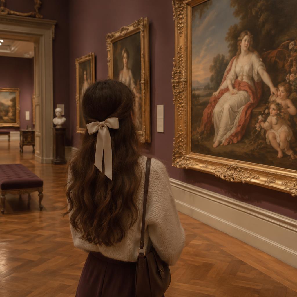 A woman admiring paintings in a museum gallery